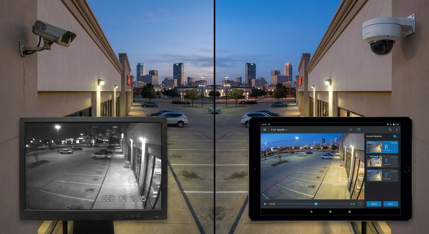 Business surveillance coverage in Fort Worth showing security cameras and protected property